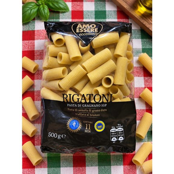 Amo Essere Eccellente Rigatoni di Gragnano IGP – bronzformán húzott bordázott csőtészta – 500 g Amo Essere Eccellente Rigatoni di Gragnano IGP – bronzformán húzott bordázott csőtészta – 500 g