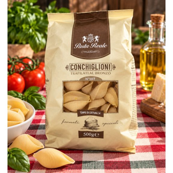Pasta Reale Conchiglioni N°107 – Óriáskagyló tészta, bronzformán készítve, 500 g Pasta Reale Conchiglioni N°107 – Óriáskagyló tészta, bronzformán készítve, 500 g