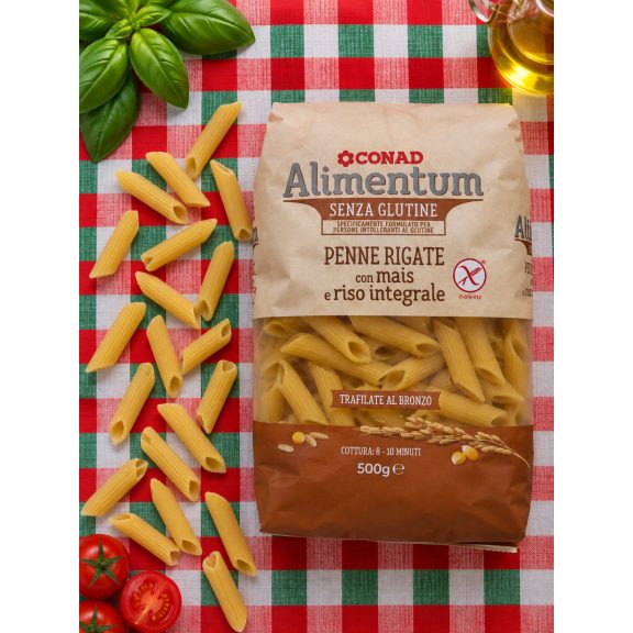 Alimentum Penne Rigate Senza Glutine – gluténmentes, bronzformán húzott kukorica- és barna rizstészta – 500 g Alimentum Penne Rigate Senza Glutine – gluténmentes, bronzformán húzott kukorica- és barna rizstészta – 500 g